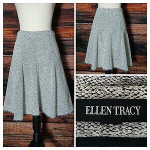 Ellen Tracy Skirt Size 8 Flared Tweed Knit Frayed Hem Light Gray Marled Zip